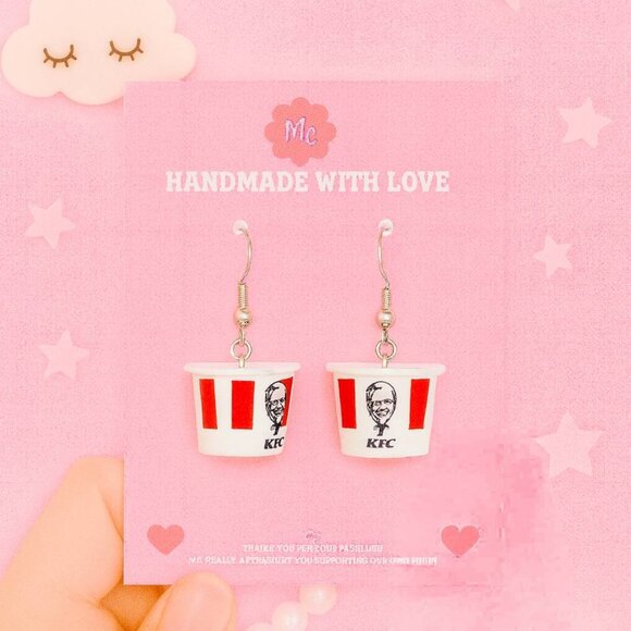 Cute Fried Chicken Bucket Earrings — Mini Food Dangle Jewelry - Picture 1 of 4
